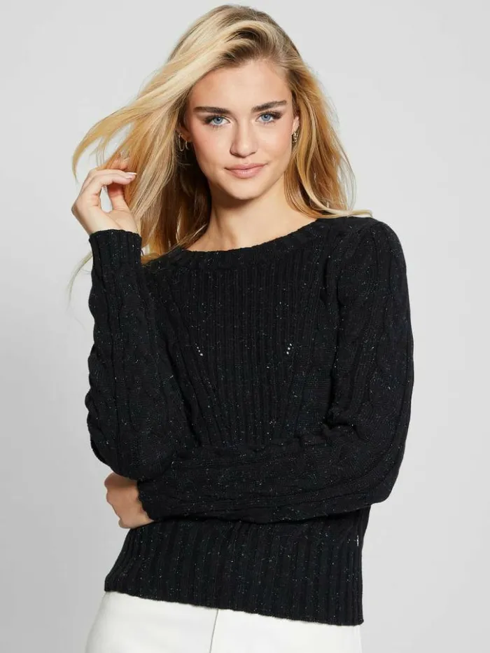 Women GUESS Tops Elle Cable Knit Sweater Black