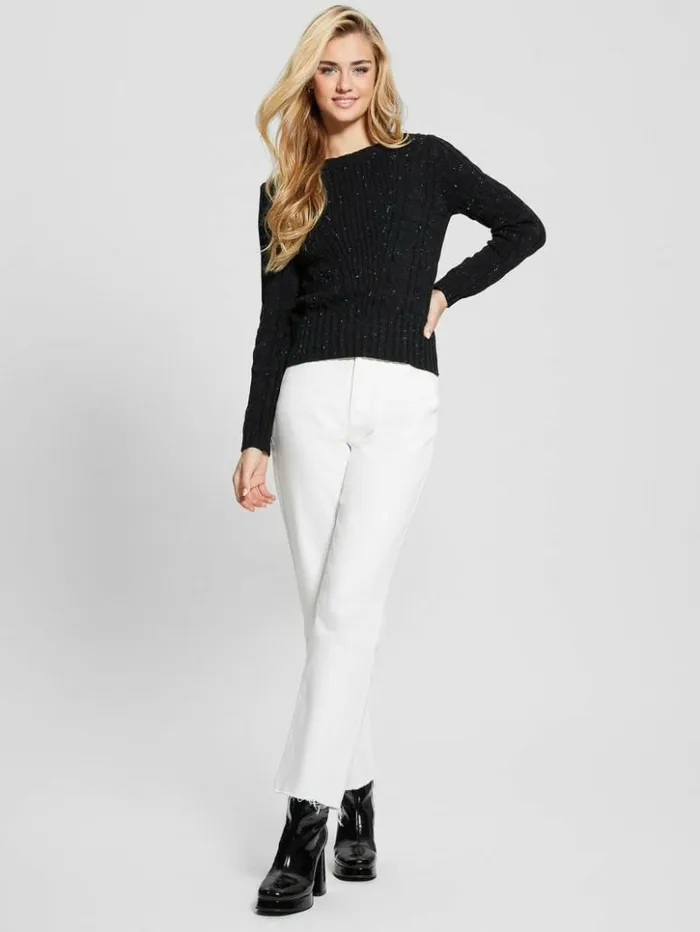Women GUESS Tops Elle Cable Knit Sweater Black