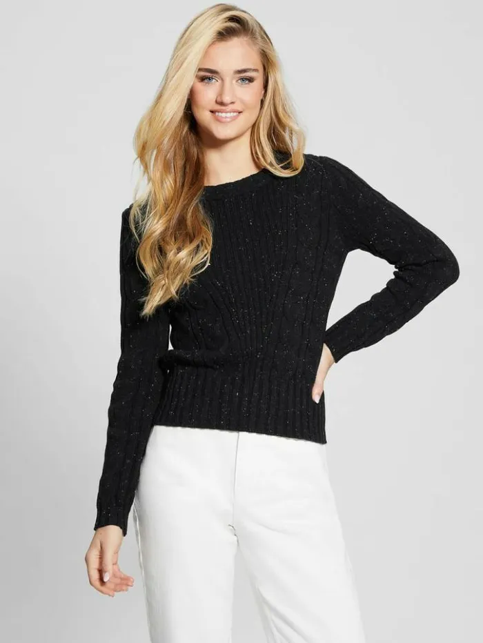 Women GUESS Tops Elle Cable Knit Sweater Black