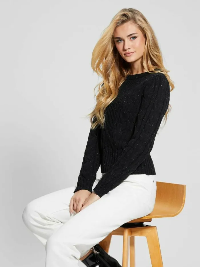 Women GUESS Tops Elle Cable Knit Sweater Black