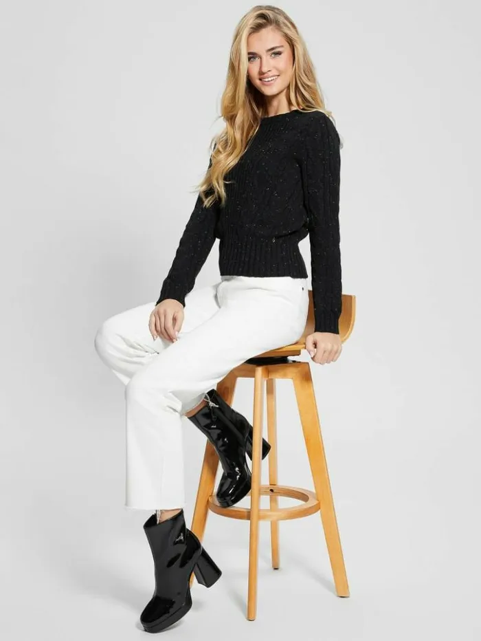 Women GUESS Tops Elle Cable Knit Sweater Black