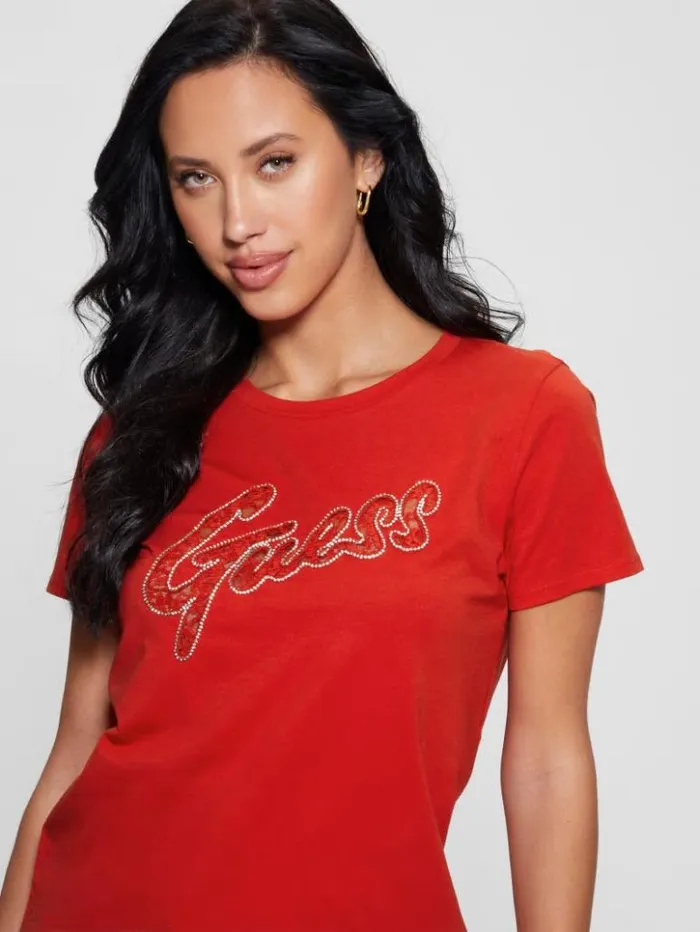 Women GUESS Tops Embellished Logo Tee Delicious Red