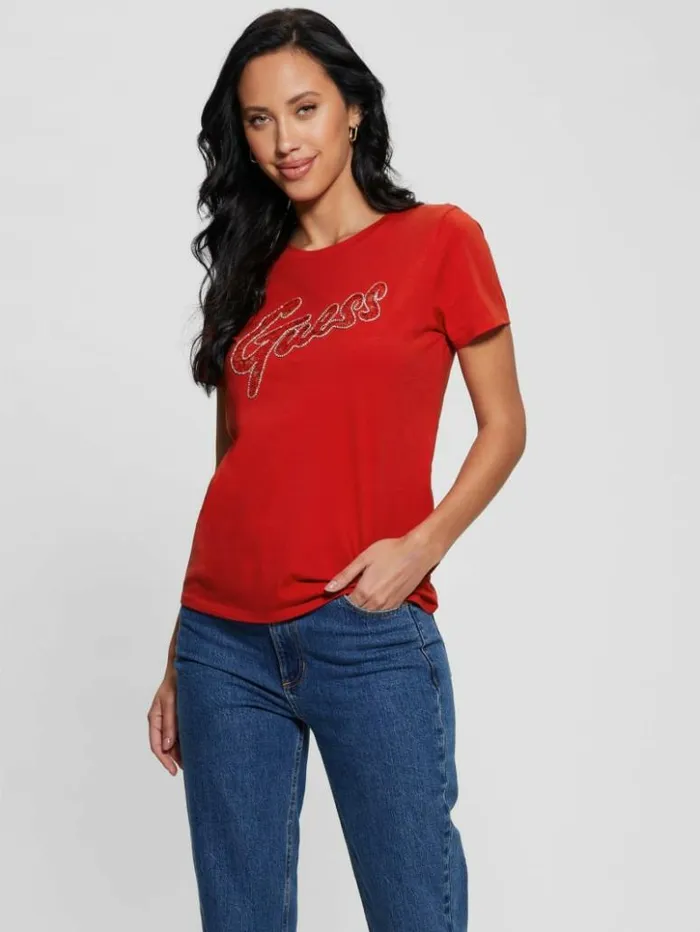 Women GUESS Tops Embellished Logo Tee Delicious Red