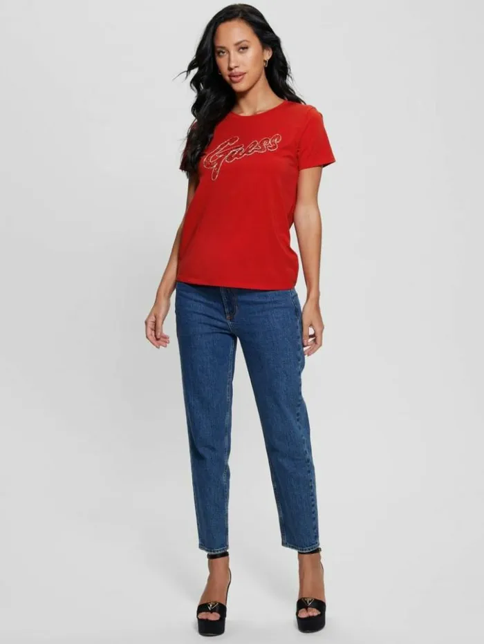 Women GUESS Tops Embellished Logo Tee Delicious Red