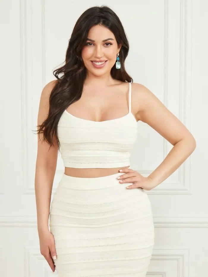 Women GUESS Tops Flirt Cropped Sweater Bralette Pale Pearl