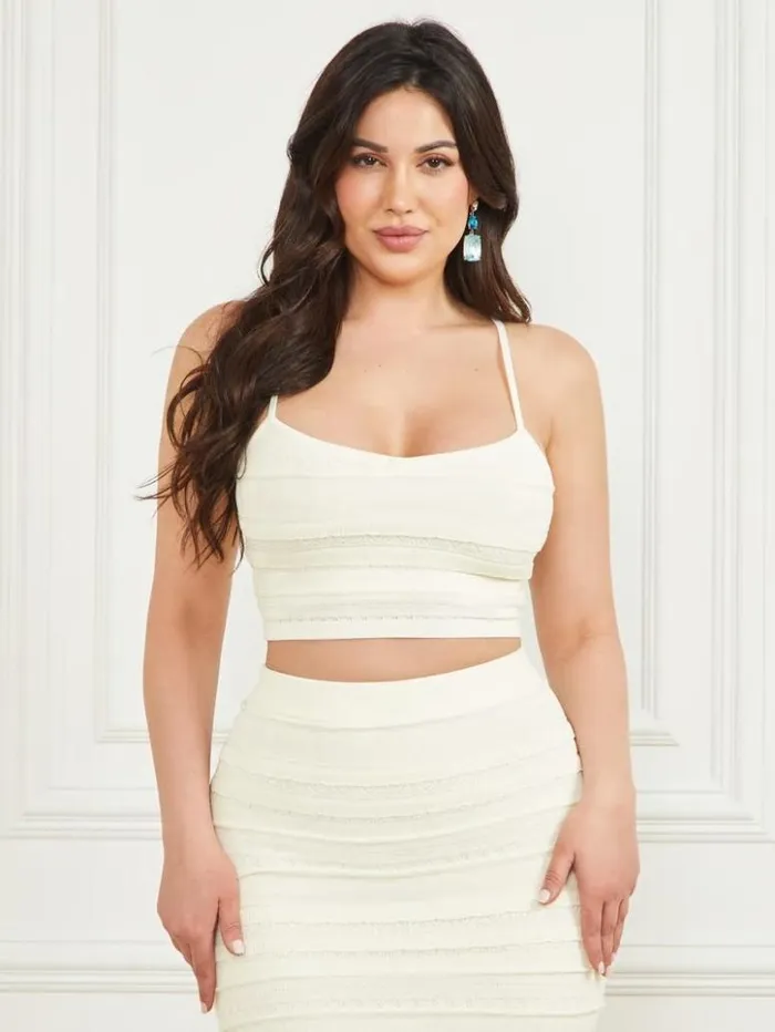 Women GUESS Tops Flirt Cropped Sweater Bralette Pale Pearl
