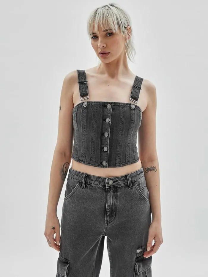 Women GUESS Tops GUESS Originals Bustier Denim Top Go Washed Grey