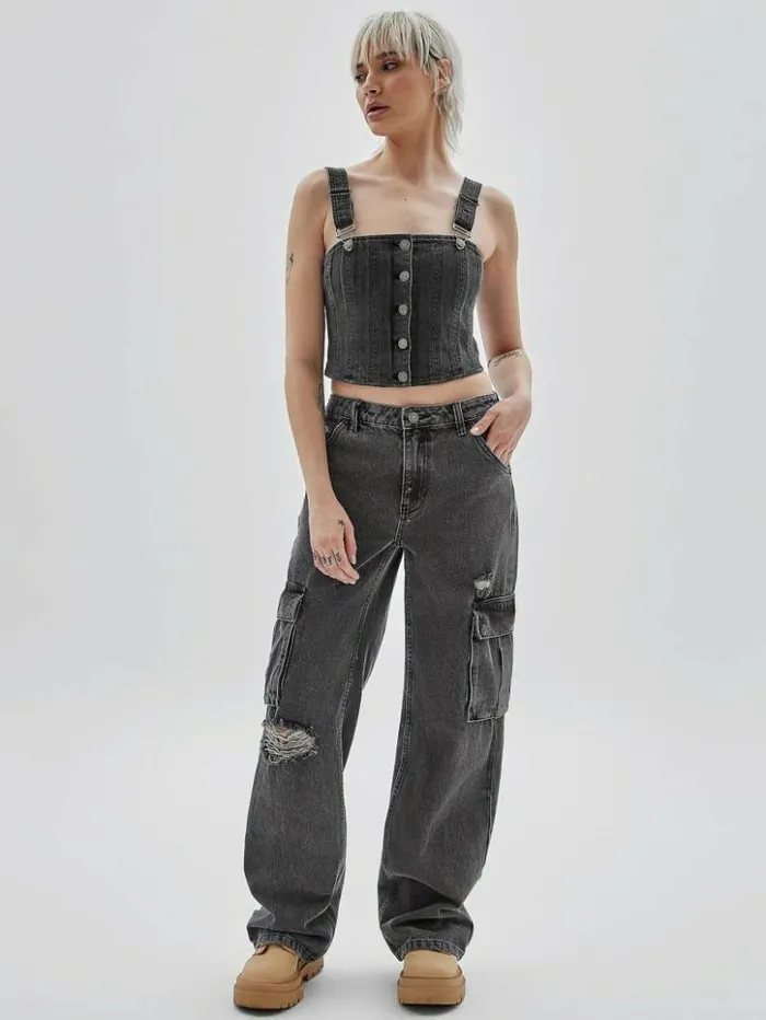 Women GUESS Tops GUESS Originals Bustier Denim Top Go Washed Grey