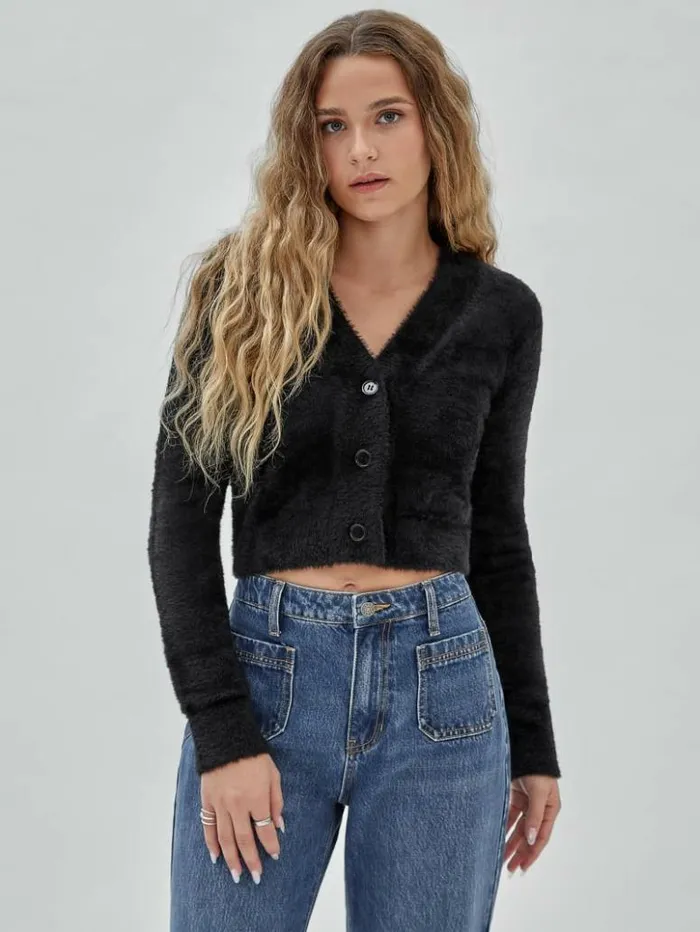 Women GUESS Tops GUESS Originals Fuzzy Cropped Cardigan Black
