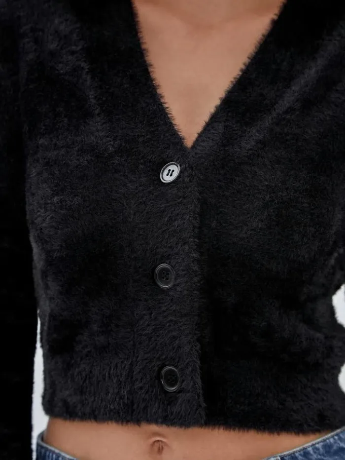 Women GUESS Tops GUESS Originals Fuzzy Cropped Cardigan Black