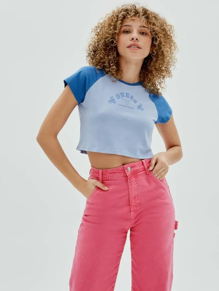 Women GUESS Tops GUESS Originals Raglan Baby Tee Water Park Blue Multi