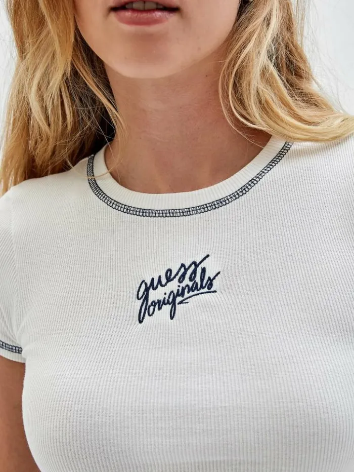 Women GUESS Tops GUESS Originals Ribbed Crop Baby Tee Sandy Shore