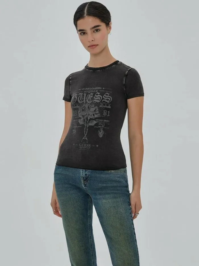 Women GUESS Tops GUESS Originals Rose Regular Tee Jet Black Multi