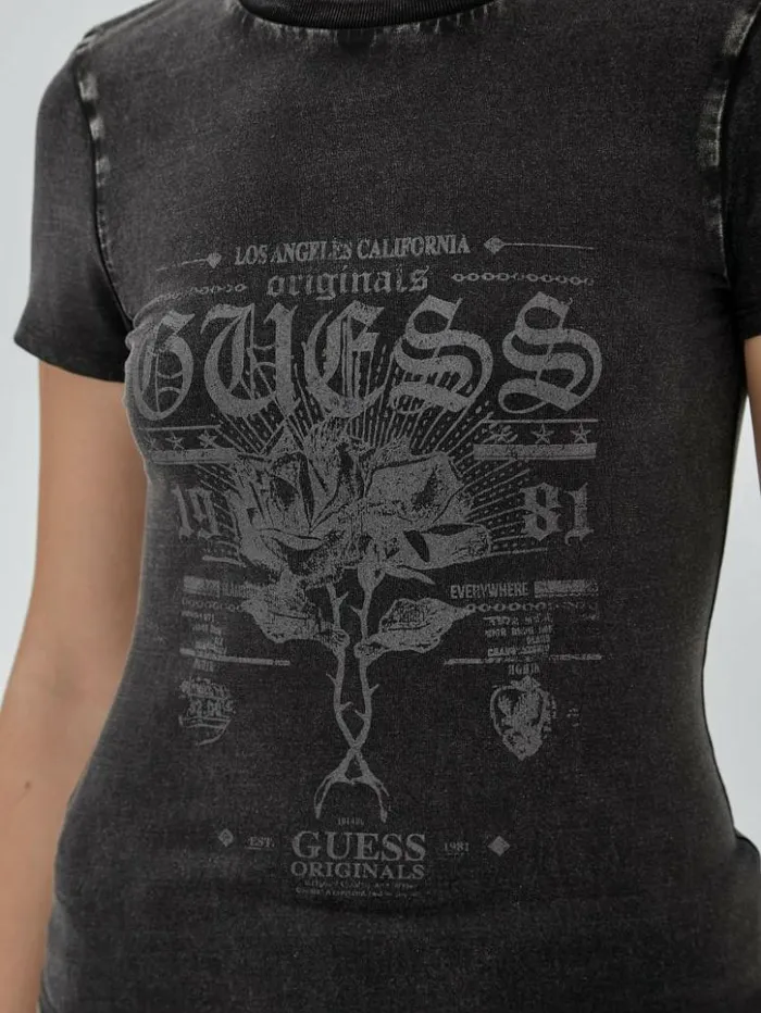 Women GUESS Tops GUESS Originals Rose Regular Tee Jet Black Multi