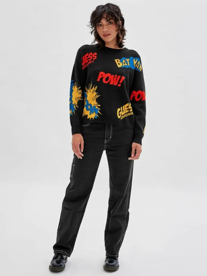 Women GUESS Tops GUESS Originals X Batman Jacquard Sweater Black