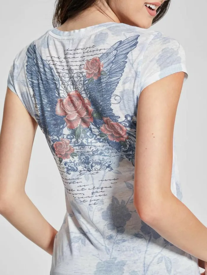 Women GUESS Tops Heart Wings Tee Pure White Multi