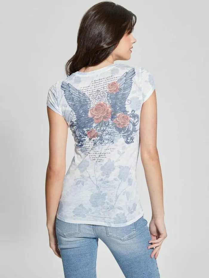 Women GUESS Tops Heart Wings Tee Pure White Multi