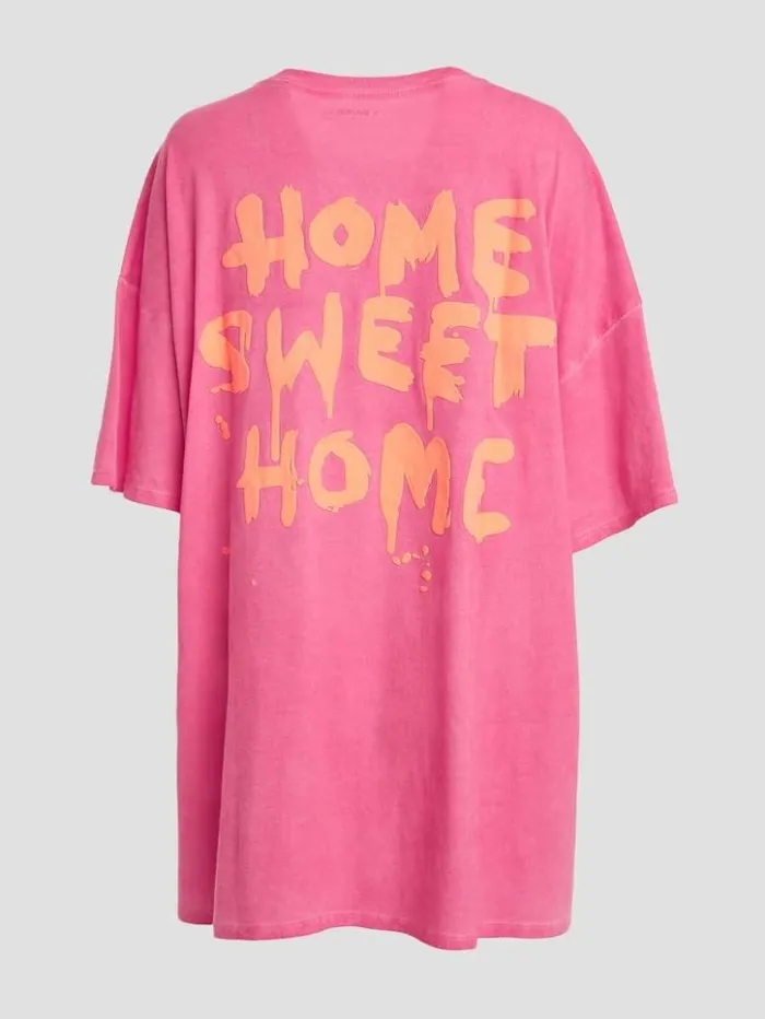 Women GUESS Tops Home Sweet Home Lounge Tee Striking Fuchsia Pink Mul