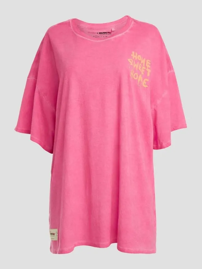 Women GUESS Tops Home Sweet Home Lounge Tee Striking Fuchsia Pink Mul