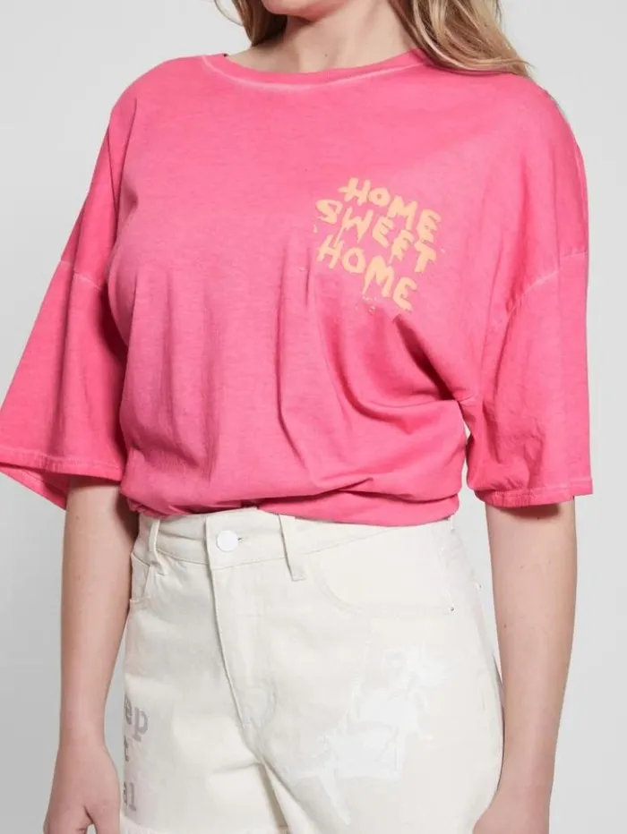 Women GUESS Tops Home Sweet Home Lounge Tee Striking Fuchsia Pink Mul