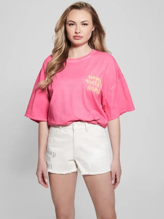 Women GUESS Tops Home Sweet Home Lounge Tee Striking Fuchsia Pink Mul