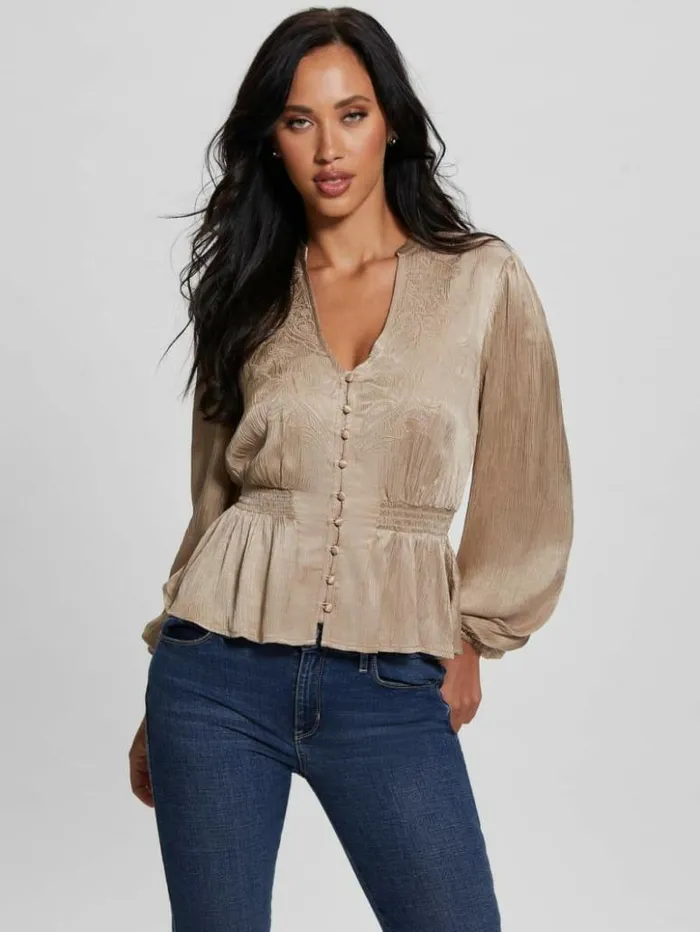 Women GUESS Tops Joie Embroidered Satin Top Vanilla Blush Multi