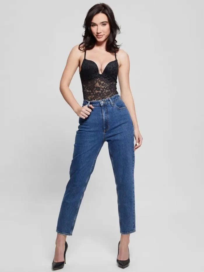 Women GUESS Tops Linda Lace Bodysuit Black