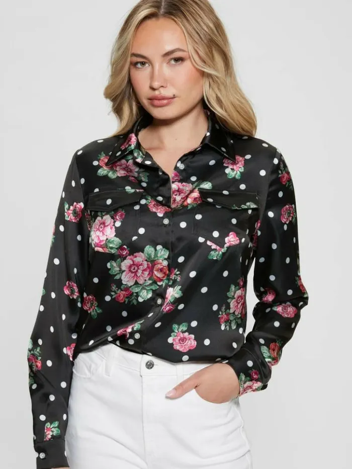 Women GUESS Tops Linda Print Top Flower Polka Dots