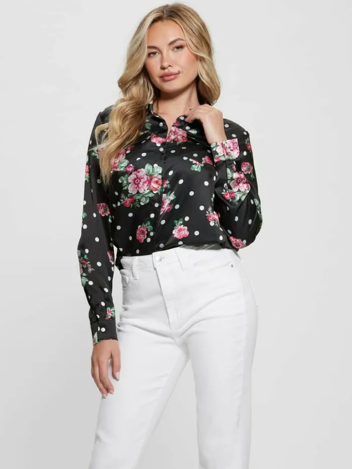 Women GUESS Tops Linda Print Top Flower Polka Dots