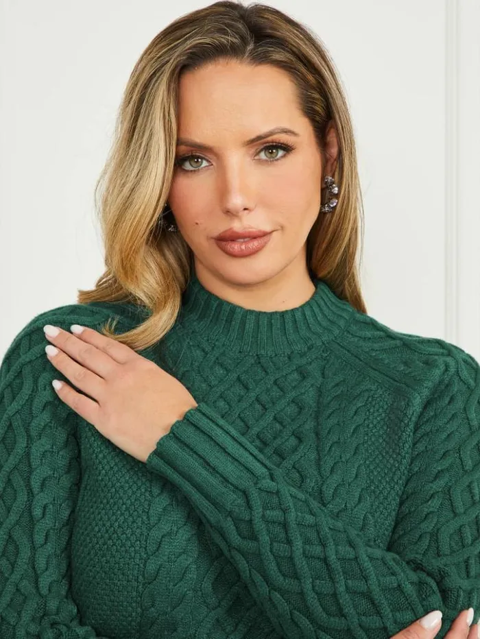 Women GUESS Tops Meryl CableKnit Sweater Dark Tormalite