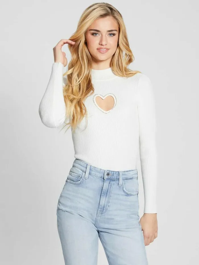 Women GUESS Tops Mia CutOut Bodysuit Dove White