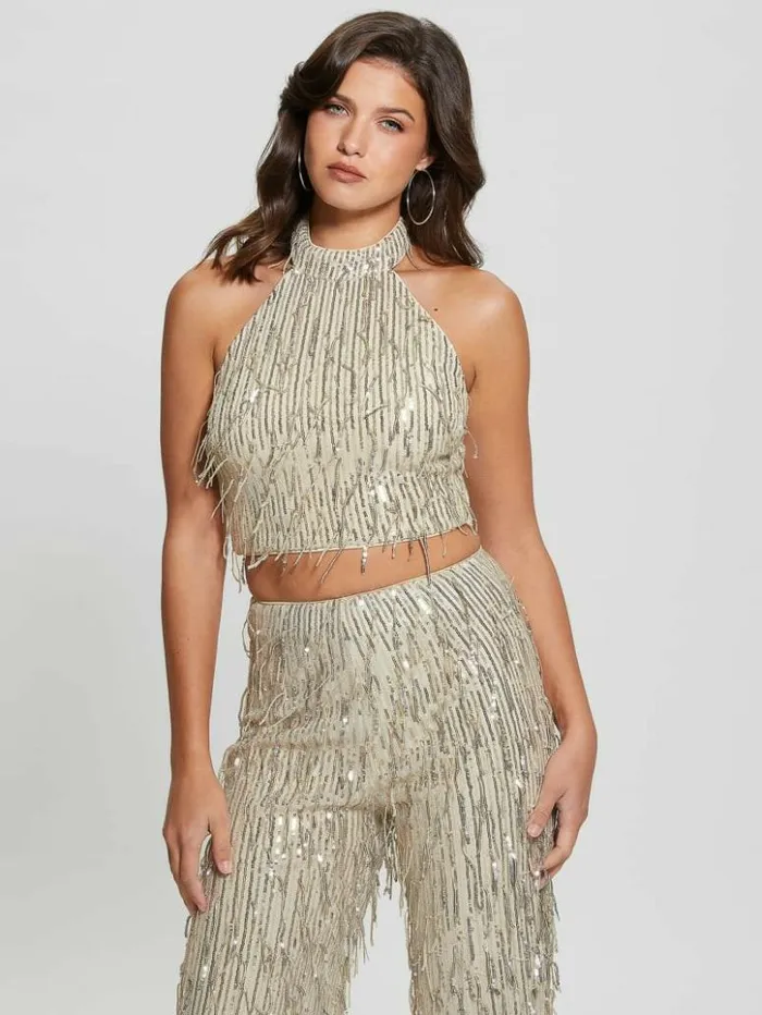 Women GUESS Tops Mia Sequin Top Off White Multi