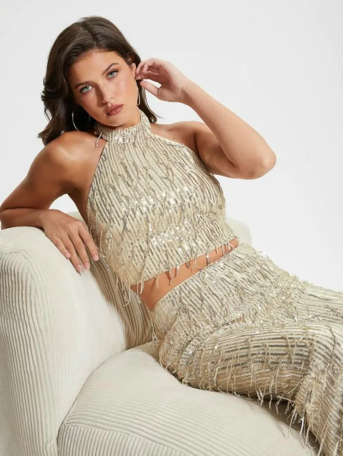 Women GUESS Tops Mia Sequin Top Off White Multi
