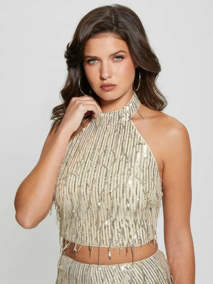 Women GUESS Tops Mia Sequin Top Off White Multi