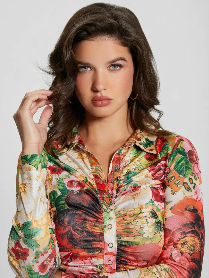 Women GUESS Tops Milana Shirred Printed Blouse Peony Animal Print