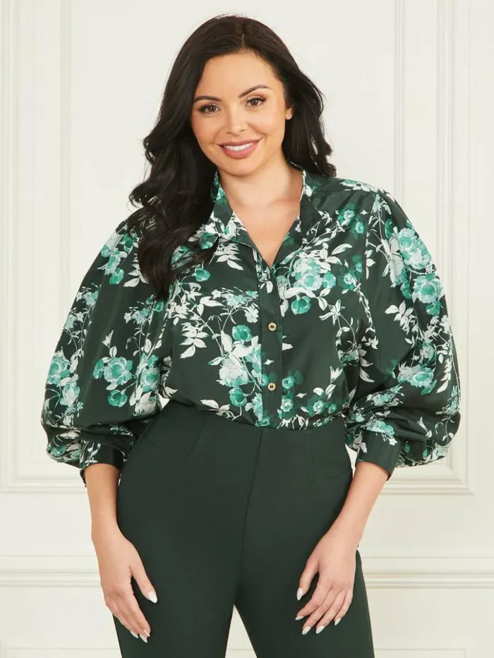Women GUESS Tops Petal Pose Yvonne Blouse Petal Pose Chenille Green