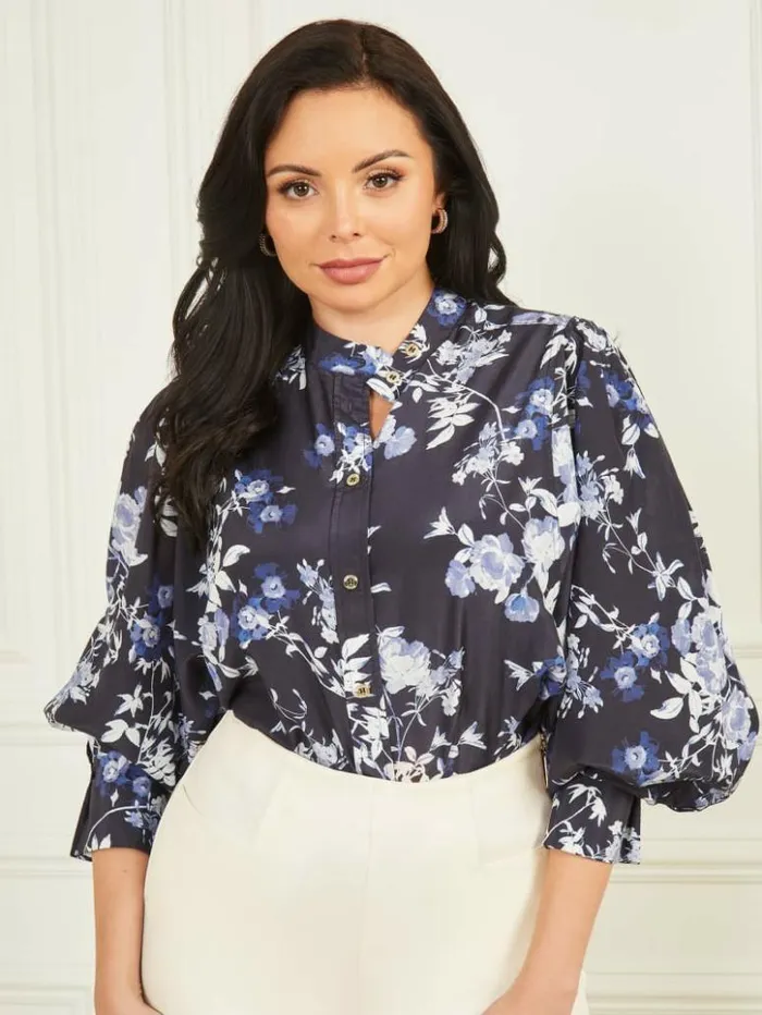 Women GUESS Tops Petal Pose Yvonne Blouse Petal Pose Indigo