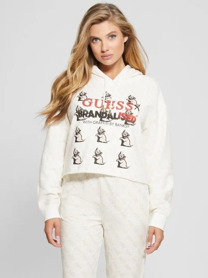 Women GUESS Tops Quattro G Kitten Cropped Hoodie Tan Quattro Print