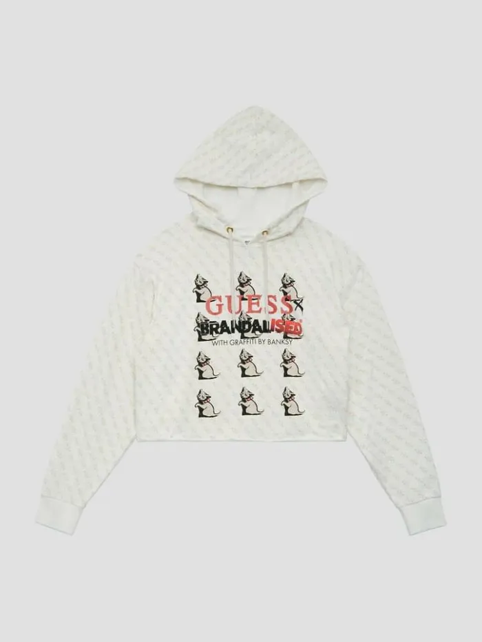 Women GUESS Tops Quattro G Kitten Cropped Hoodie Tan Quattro Print
