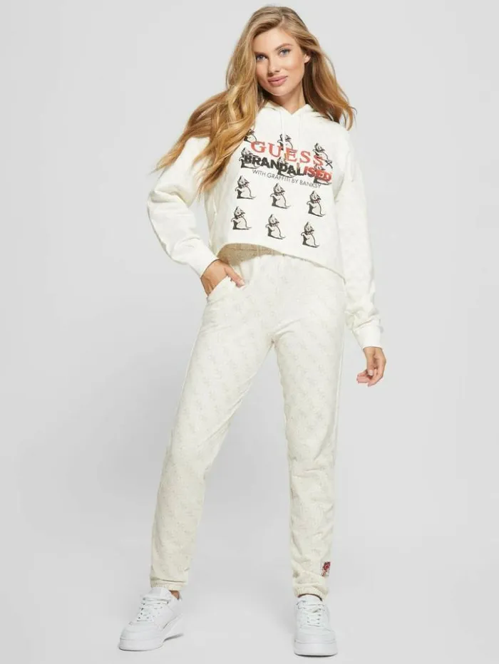 Women GUESS Tops Quattro G Kitten Cropped Hoodie Tan Quattro Print