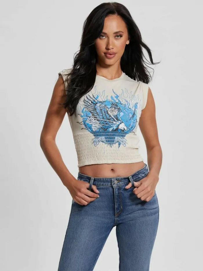 Women GUESS Tops Rhinestone Eagle Smocked Tee Pearl Oyster