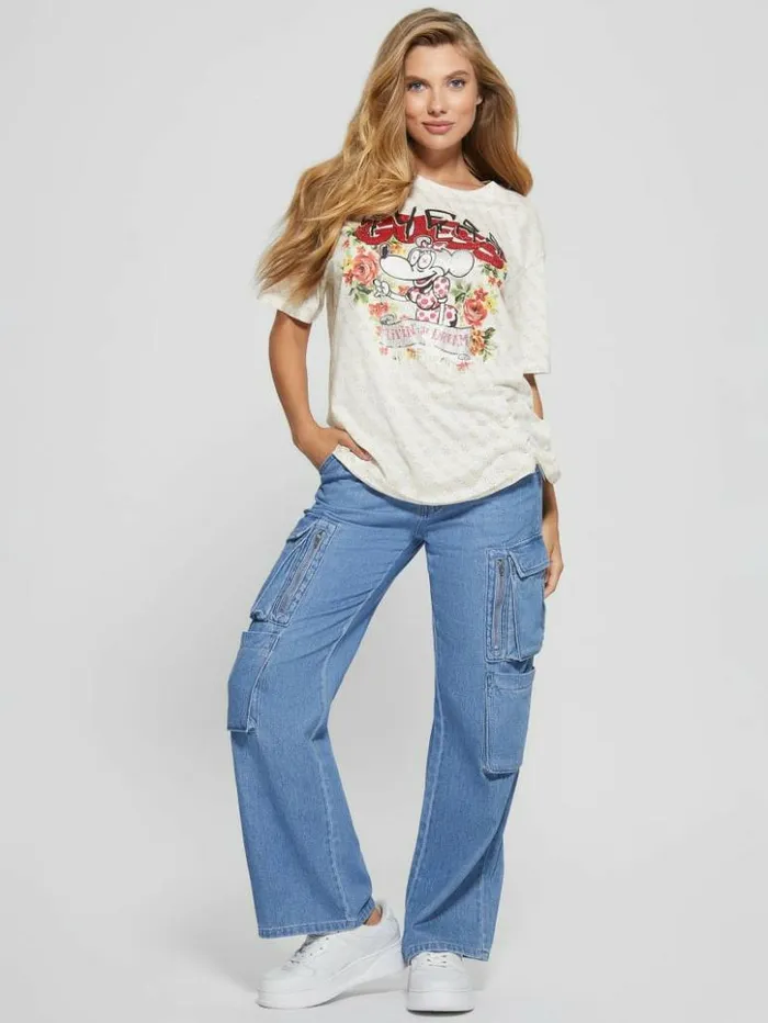 Women GUESS Tops Rhinestone Mouse Graphic Tee Tan Quattro Print