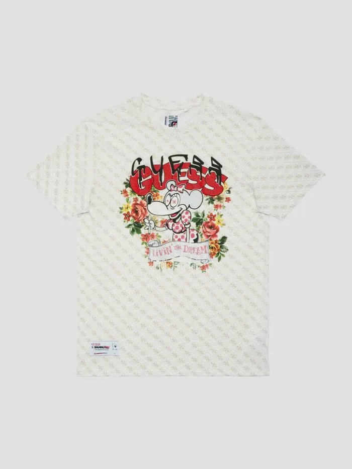 Women GUESS Tops Rhinestone Mouse Graphic Tee Tan Quattro Print