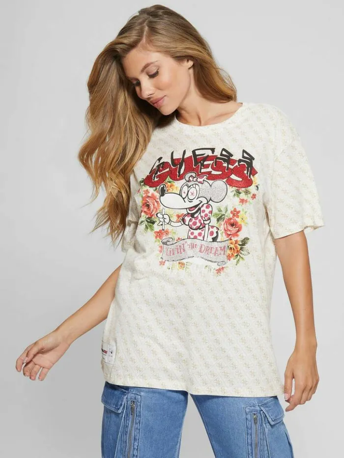 Women GUESS Tops Rhinestone Mouse Graphic Tee Tan Quattro Print
