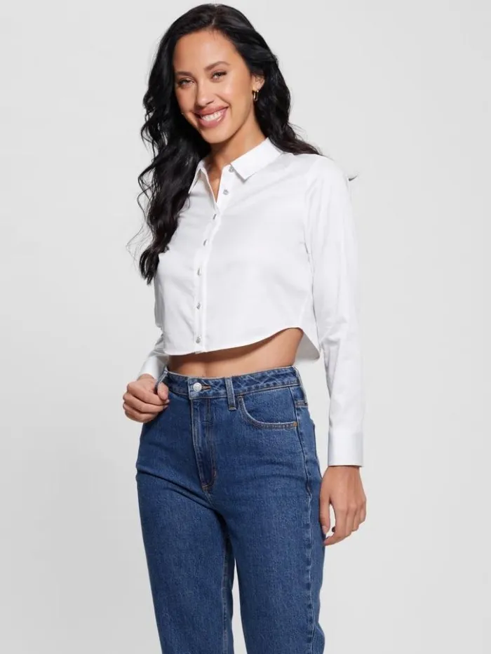 Women GUESS Tops Sami Cropped ButtonUp Top Pure White