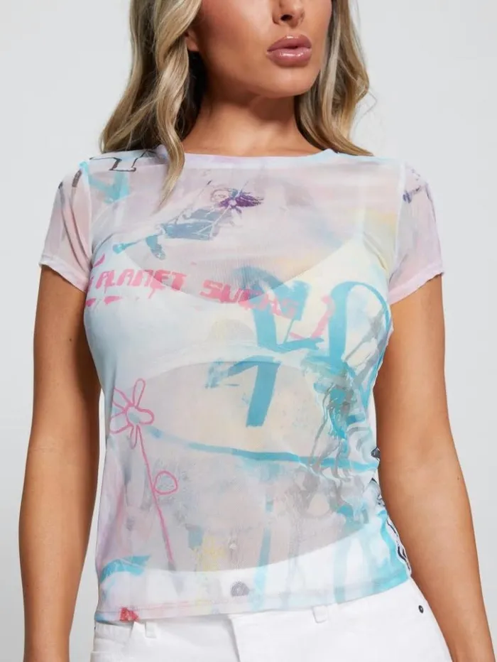 Women GUESS Tops Sheer Graffiti Tee Watercolor Street Art