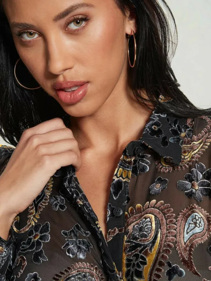 Women GUESS Tops Sheer Velvet Paisley Top Jet Black Multi