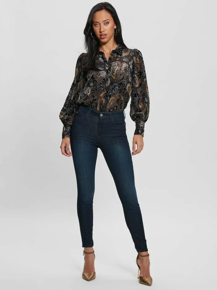 Women GUESS Tops Sheer Velvet Paisley Top Jet Black Multi