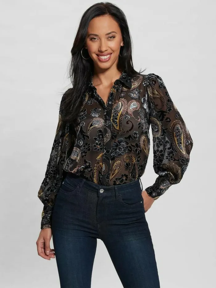 Women GUESS Tops Sheer Velvet Paisley Top Jet Black Multi