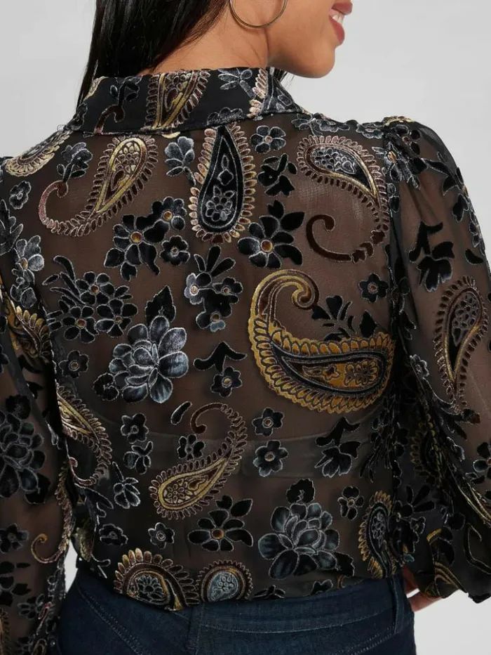 Women GUESS Tops Sheer Velvet Paisley Top Jet Black Multi